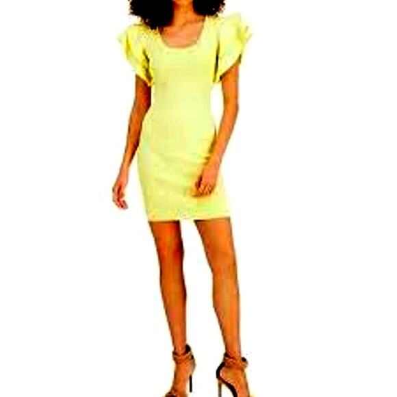 NWT INC Femme Flora Stretchy Flutter Sleeve Mini Dress in Yellow Pear Sz Medium - Picture 1 of 14